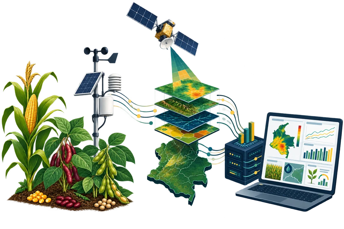 Sistema agroclimático que conecta cultivos, una estación meteorológica, información satelital, capas geográficas y análisis digital